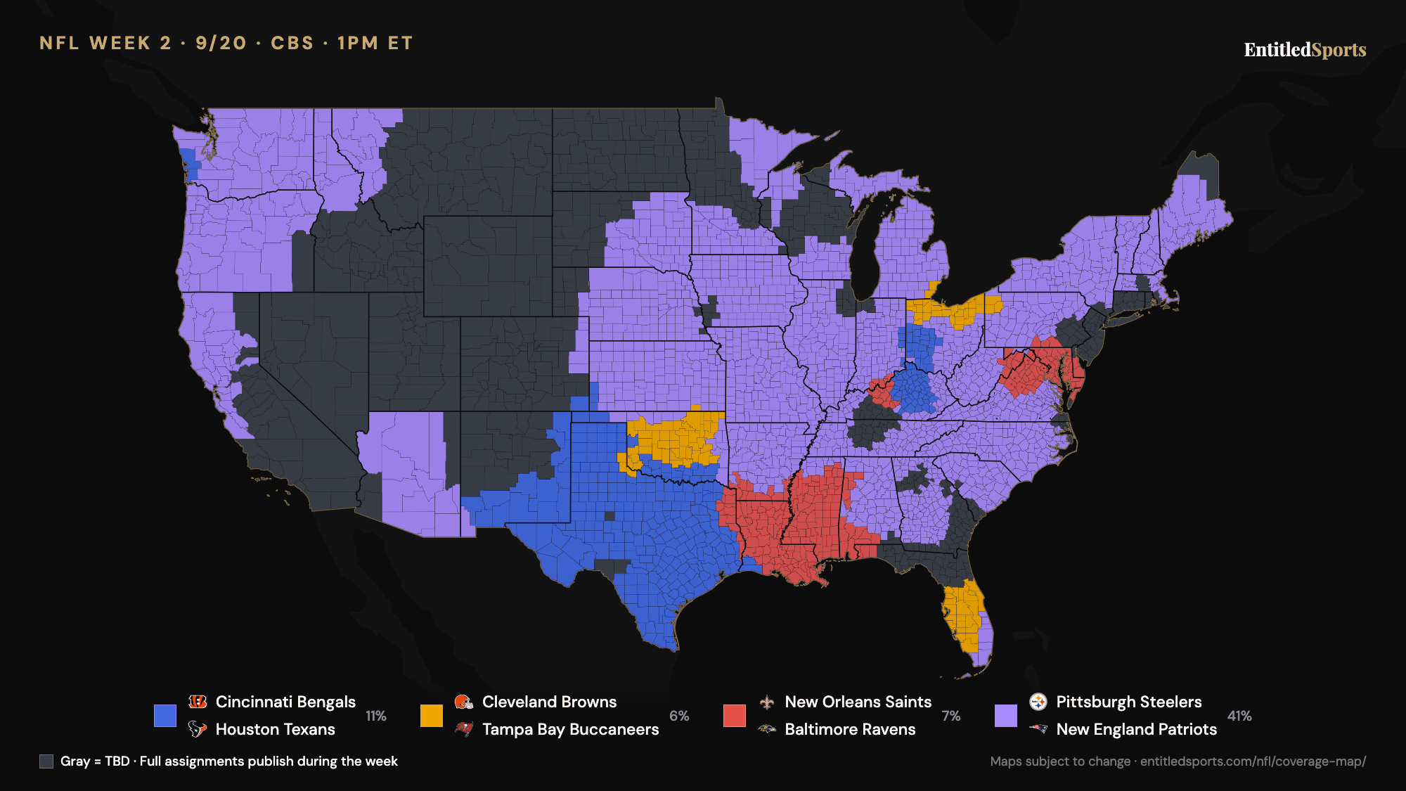 Pittsburgh Steelers coverage map — NFL Week 2 (CBS Early Window)
