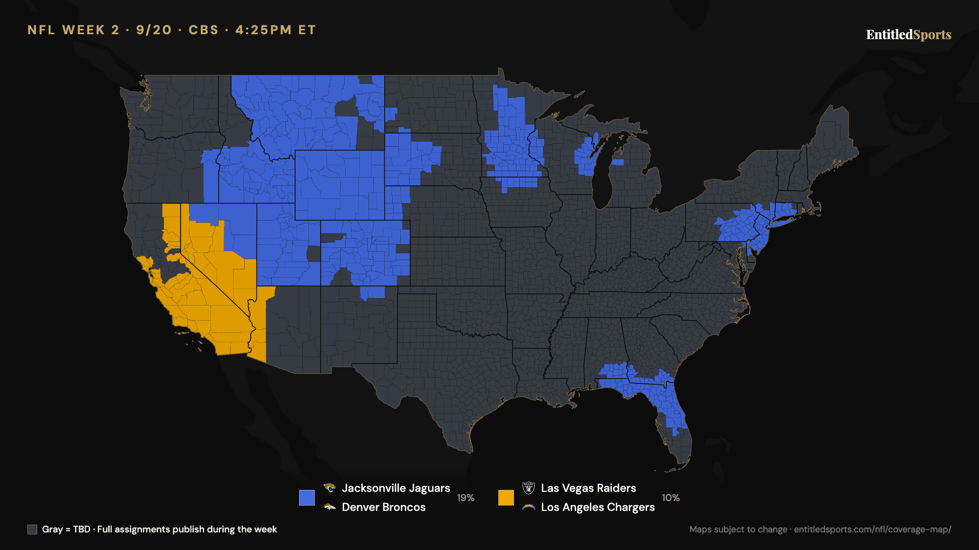 Los Angeles Chargers coverage map — NFL Week 2 (CBS Late Window)