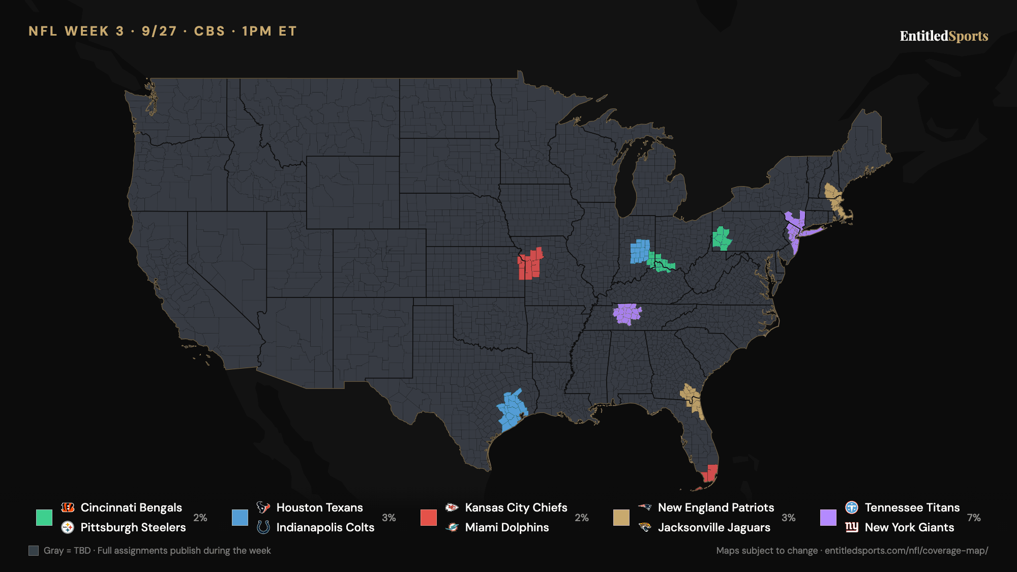 CBS NFL coverage map — Week 3 (early window), 2026