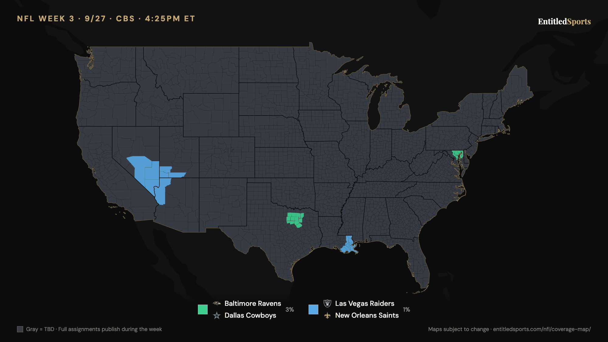 CBS NFL coverage map — Week 3 (late window), 2026