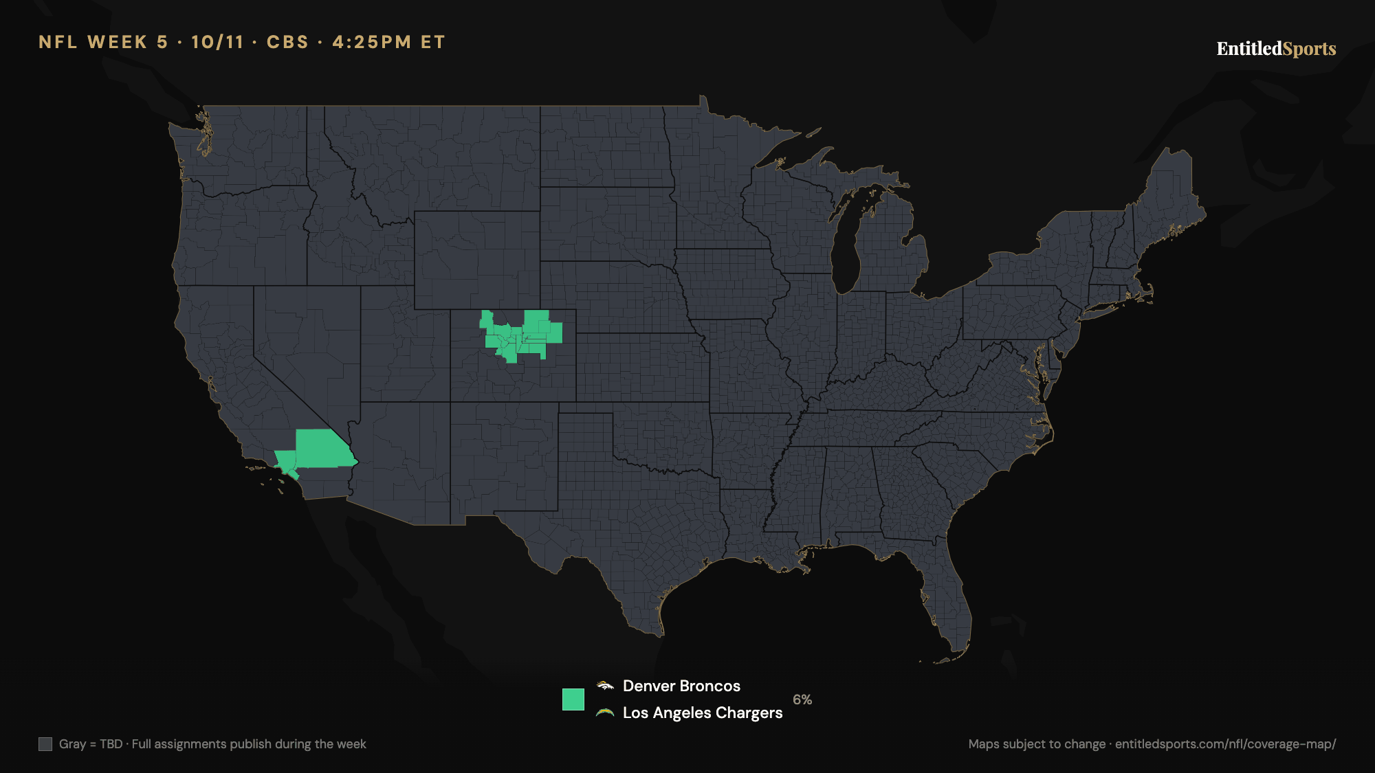 CBS NFL coverage map — Week 5 (late window), 2026