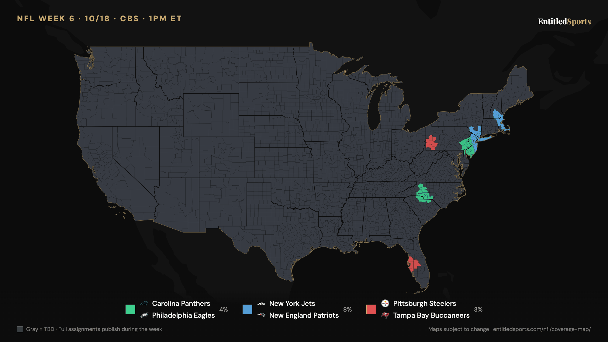 CBS NFL coverage map — Week 6 (early window), 2026