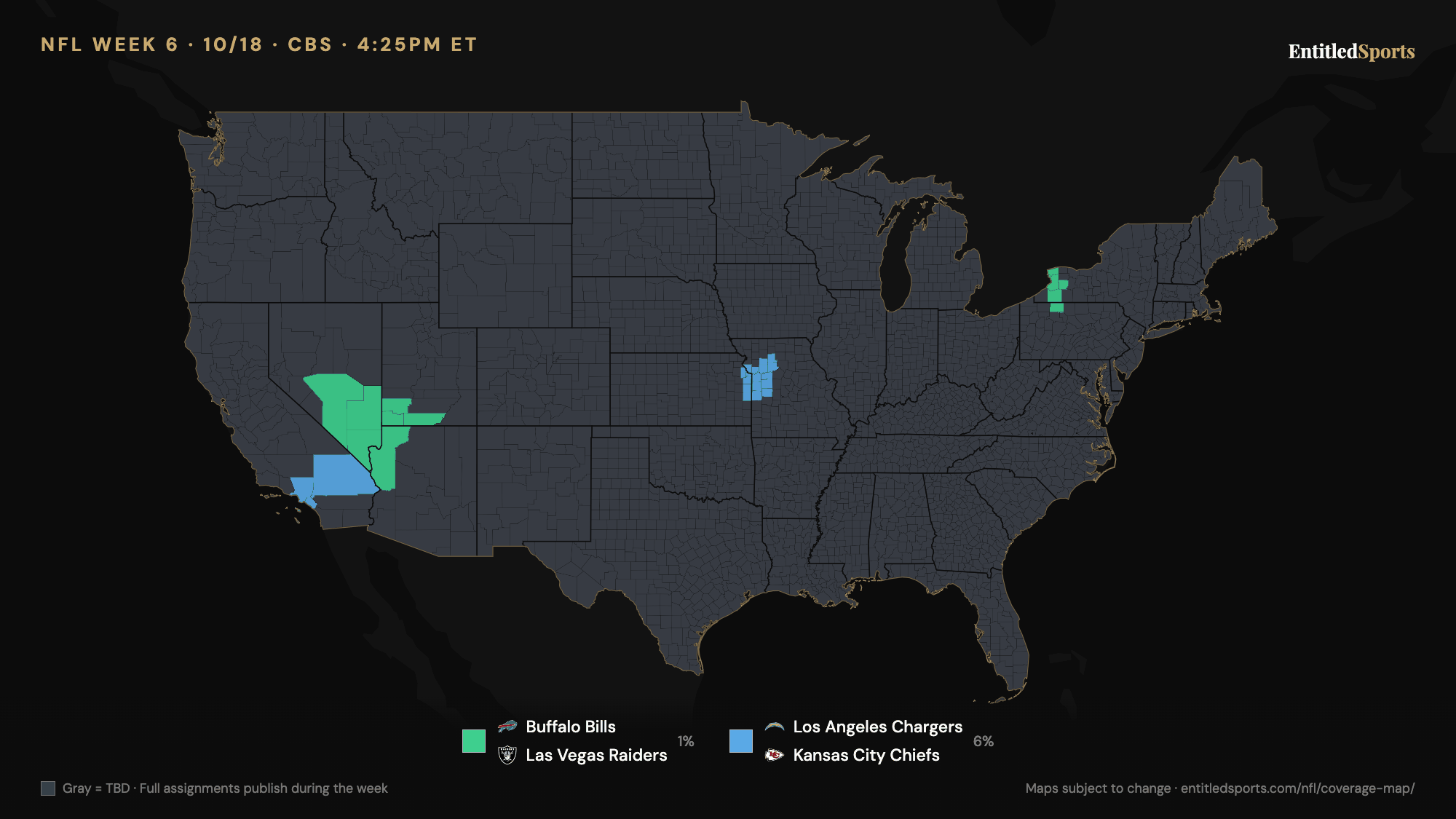 CBS NFL coverage map — Week 6 (late window), 2026