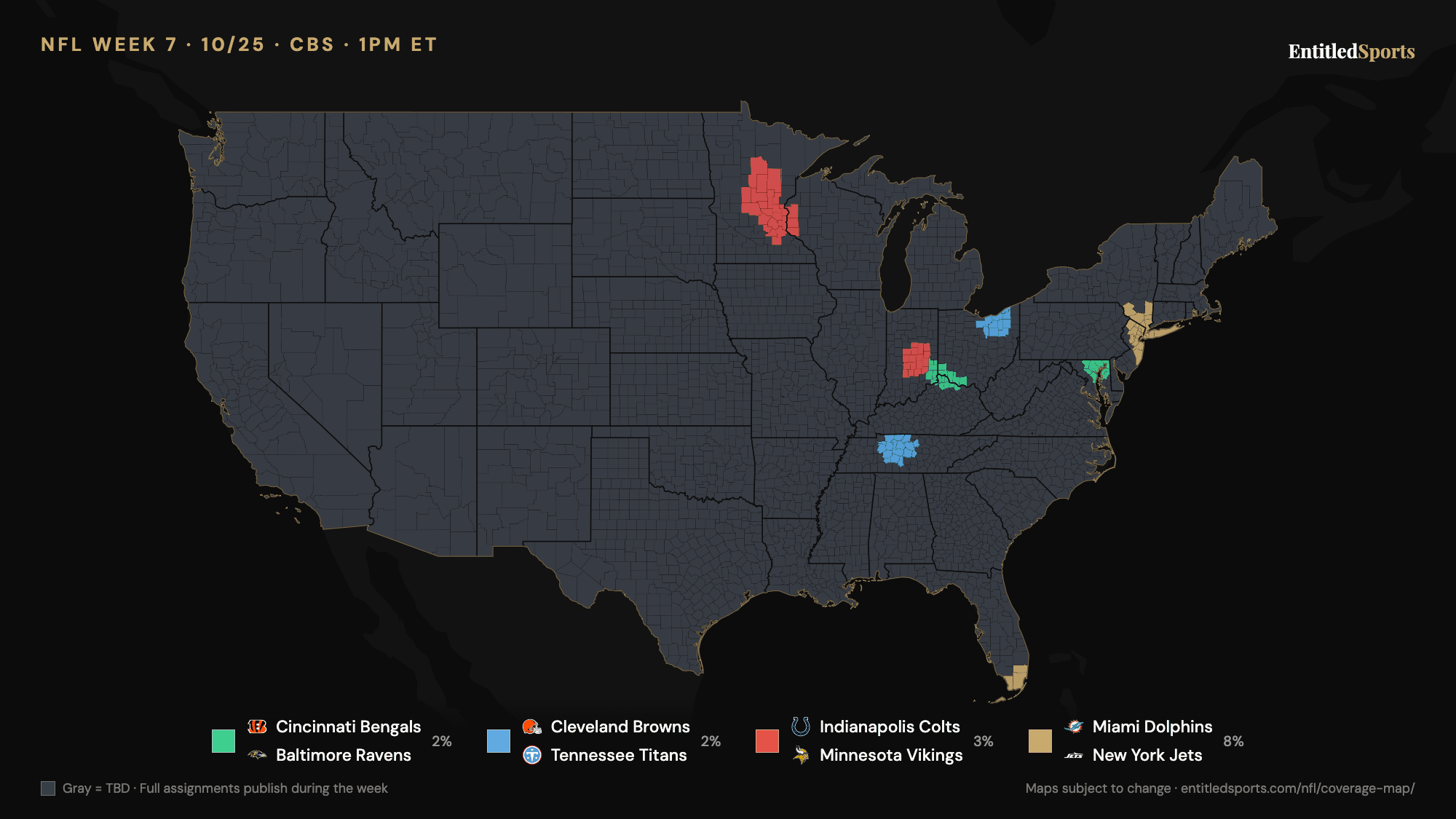 CBS NFL coverage map — Week 7 (early window), 2026