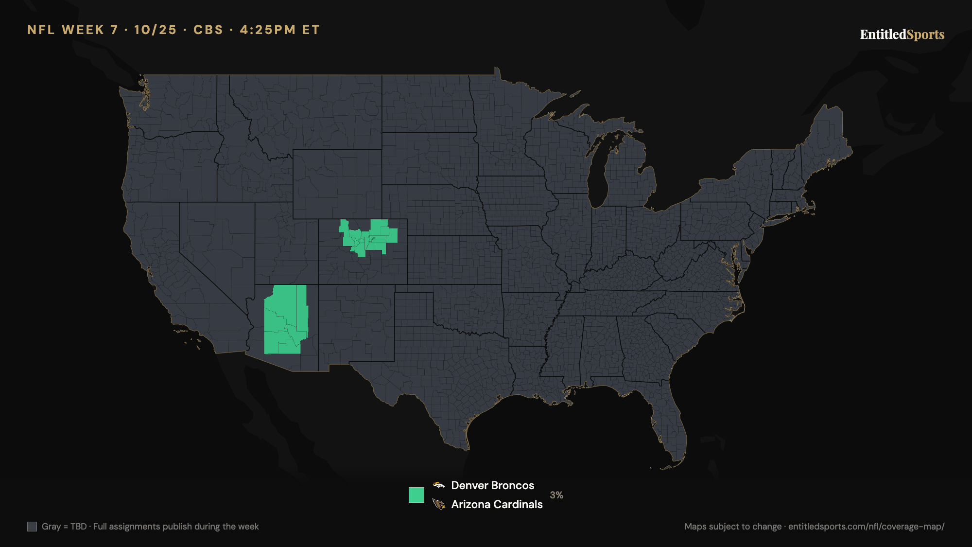 CBS NFL coverage map — Week 7 (late window), 2026