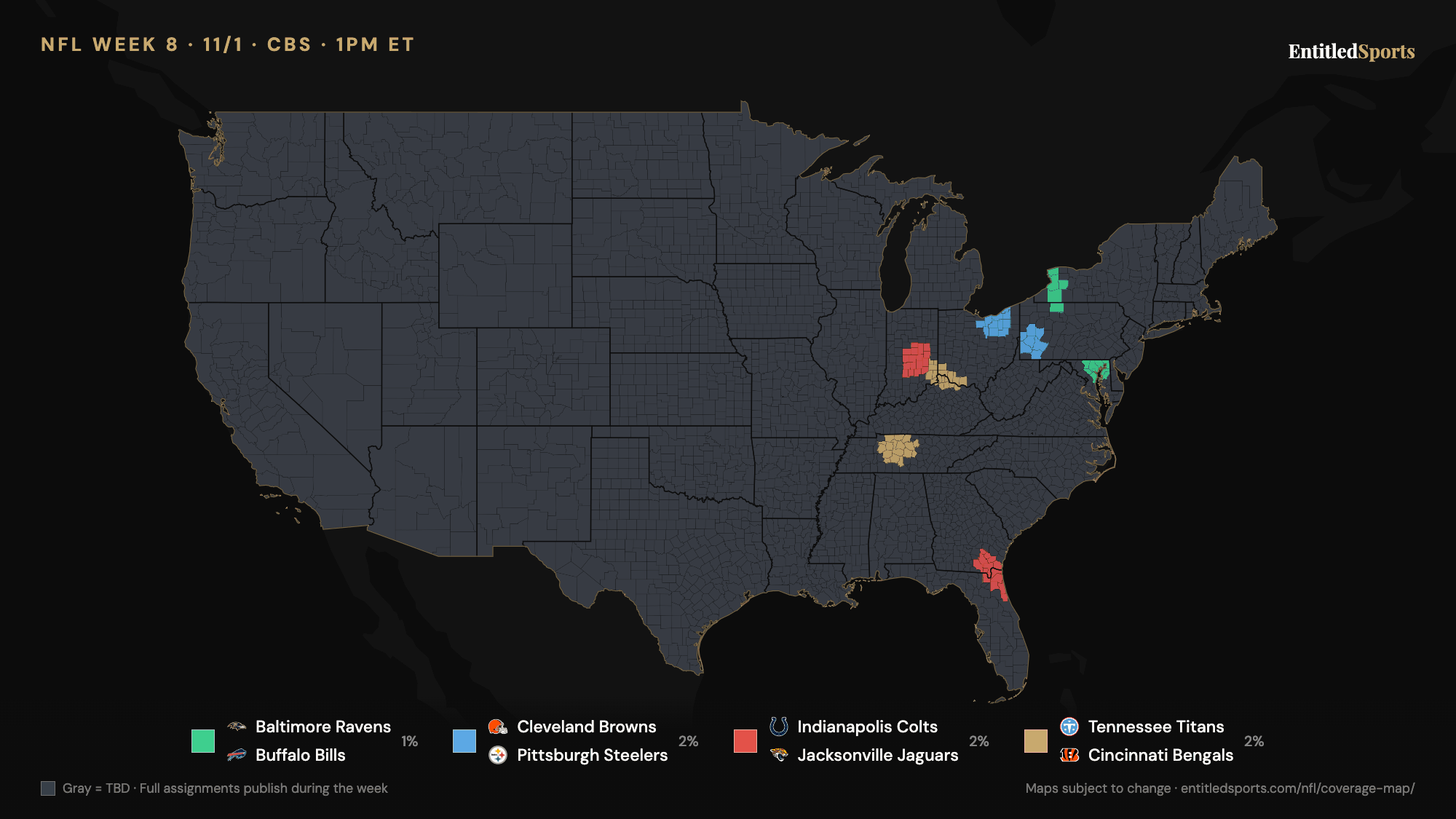 CBS NFL coverage map — Week 8 (early window), 2026