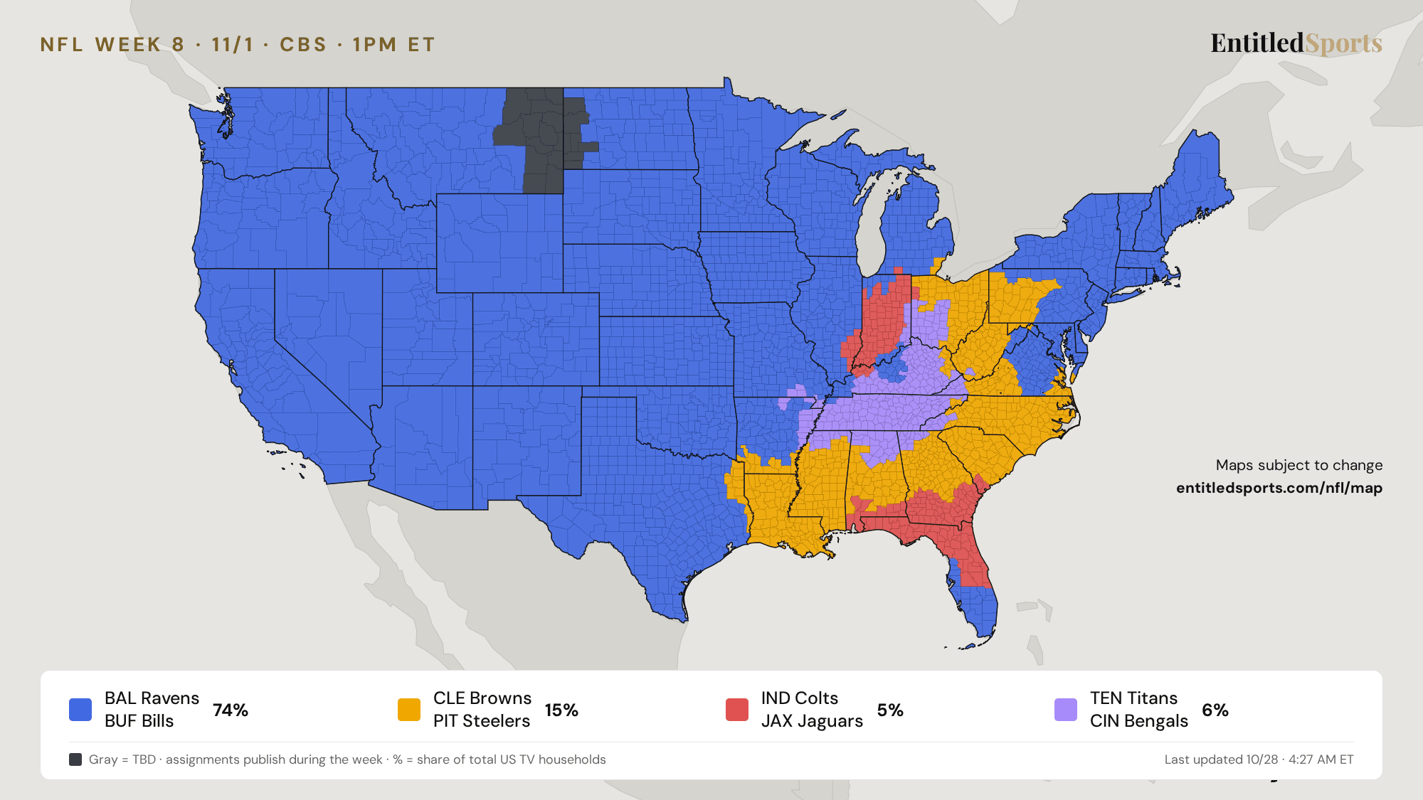 Cincinnati Bengals coverage map — NFL Week 8 (CBS Early Window)