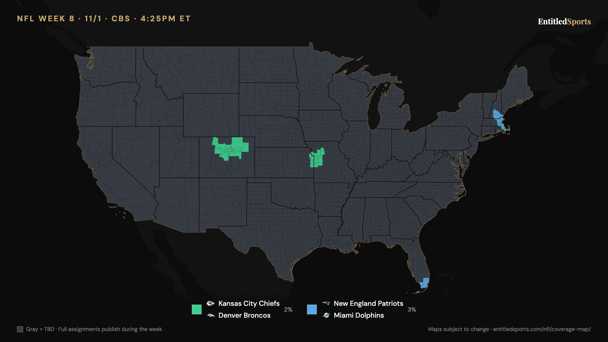 CBS NFL coverage map — Week 8 (late window), 2026